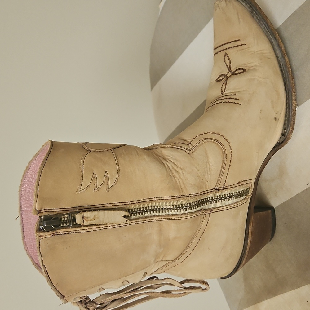 Cream and Pink Ankle Boots with Decorative Stitching - Picture 3 of 9